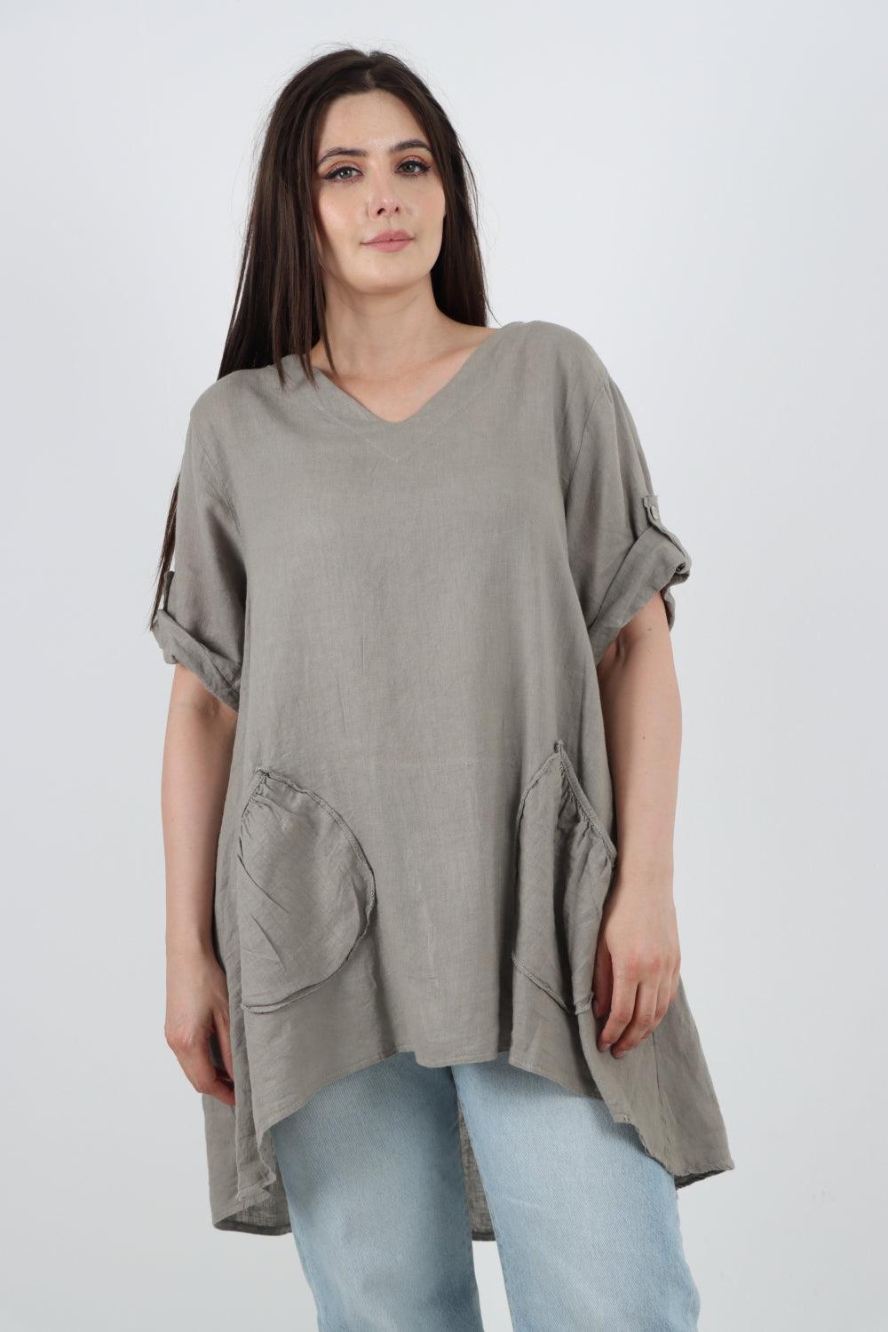 Front Pockets Dip Hem Linen Tunic Top - Lashra Fashion