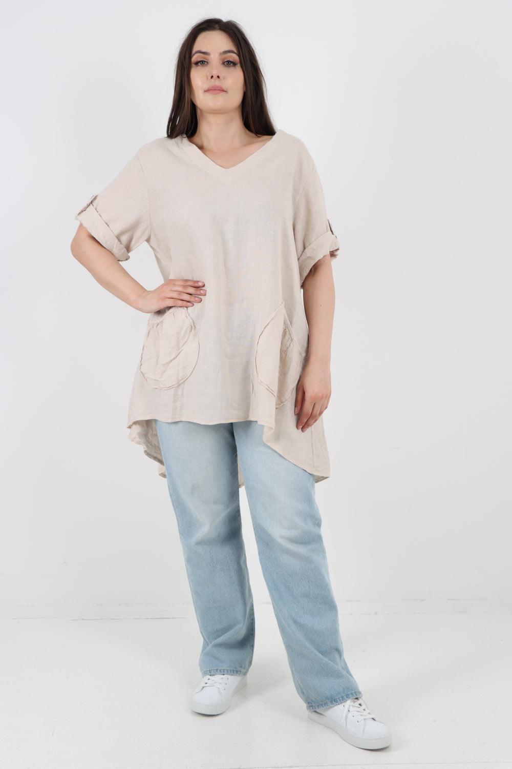 Front Pockets Dip Hem Linen Tunic Top - Lashra Fashion