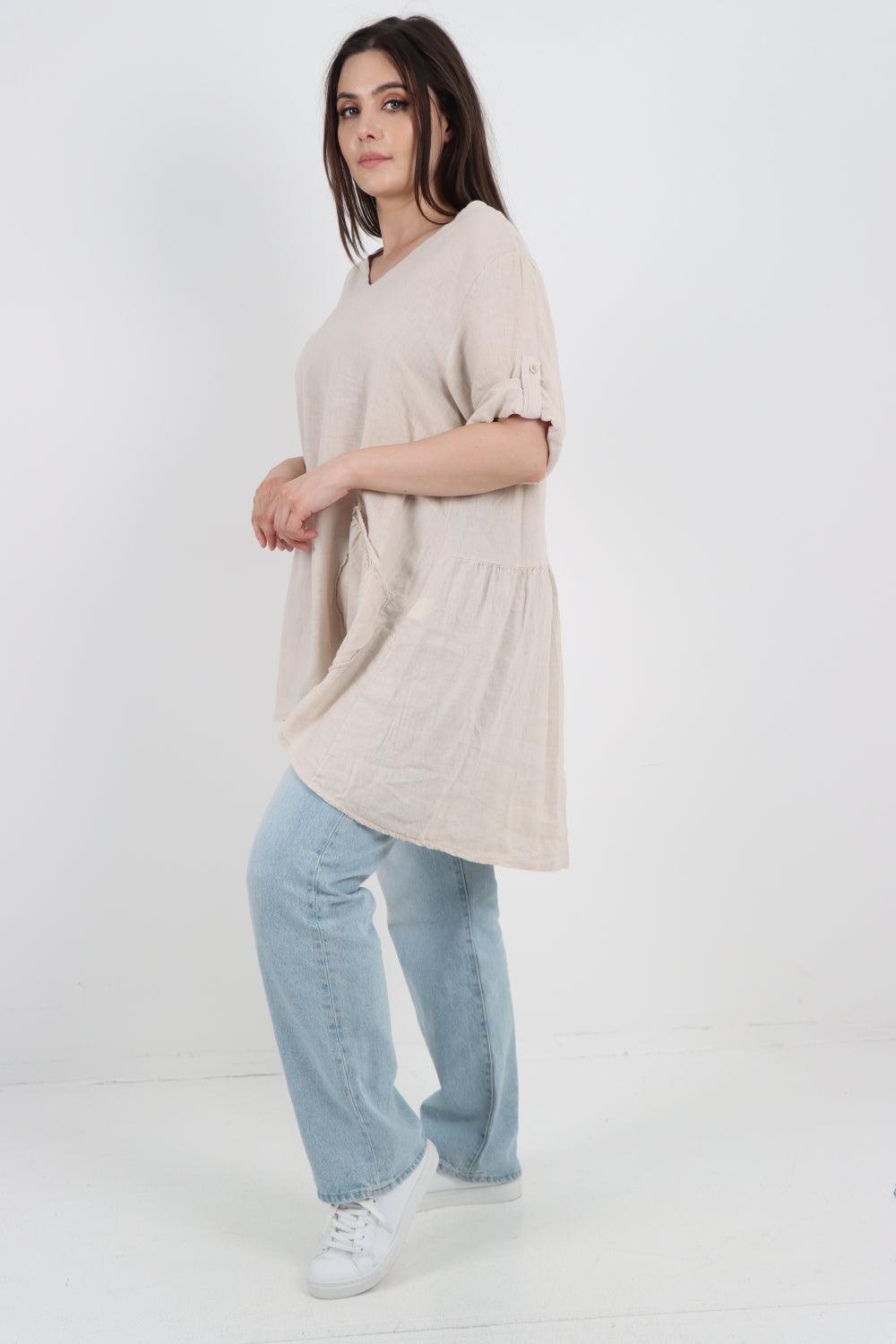 Front Pockets Dip Hem Linen Tunic Top - Lashra Fashion