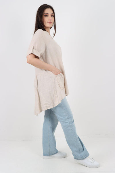 Front Pockets Dip Hem Linen Tunic Top - Lashra Fashion