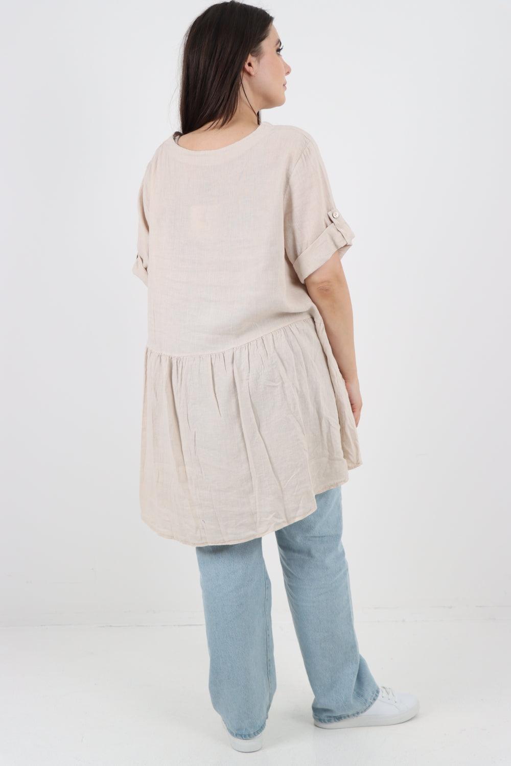 Front Pockets Dip Hem Linen Tunic Top - Lashra Fashion