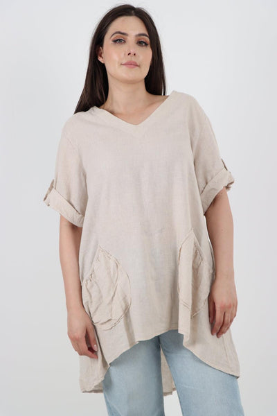 Front Pockets Dip Hem Linen Tunic Top - Lashra Fashion