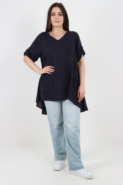 Front Pockets Dip Hem Linen Tunic Top - Lashra Fashion