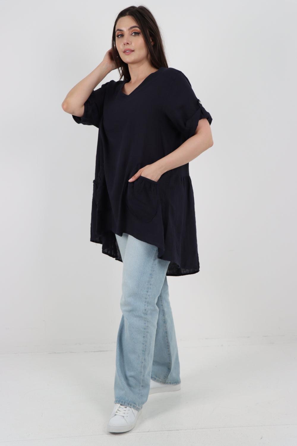 Front Pockets Dip Hem Linen Tunic Top - Lashra Fashion