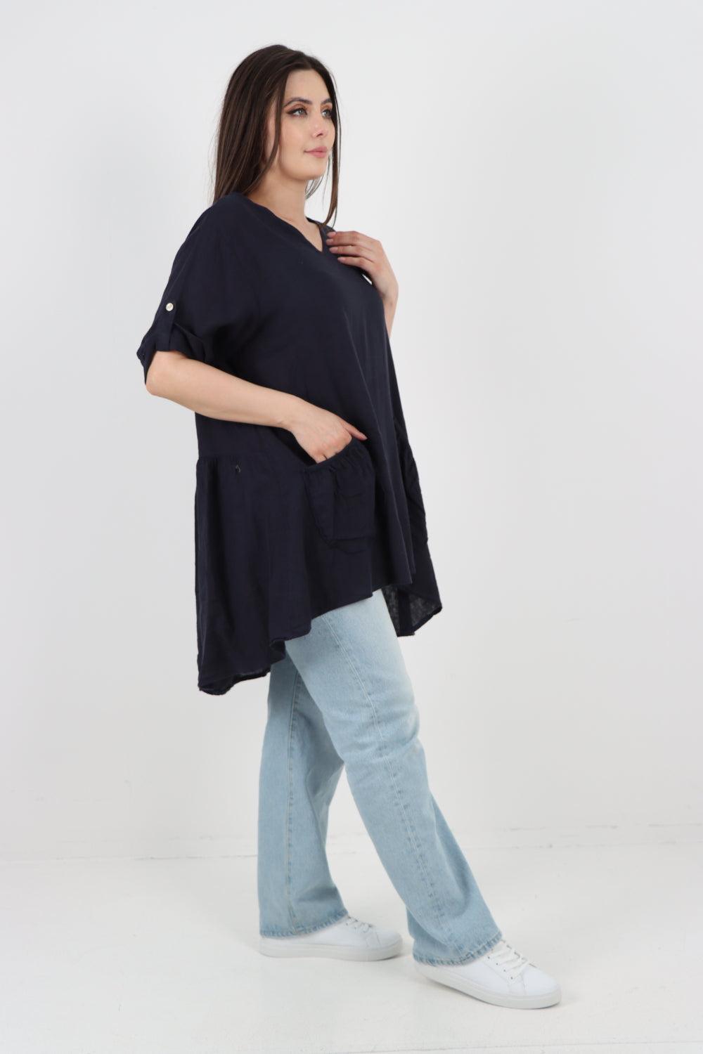 Front Pockets Dip Hem Linen Tunic Top - Lashra Fashion