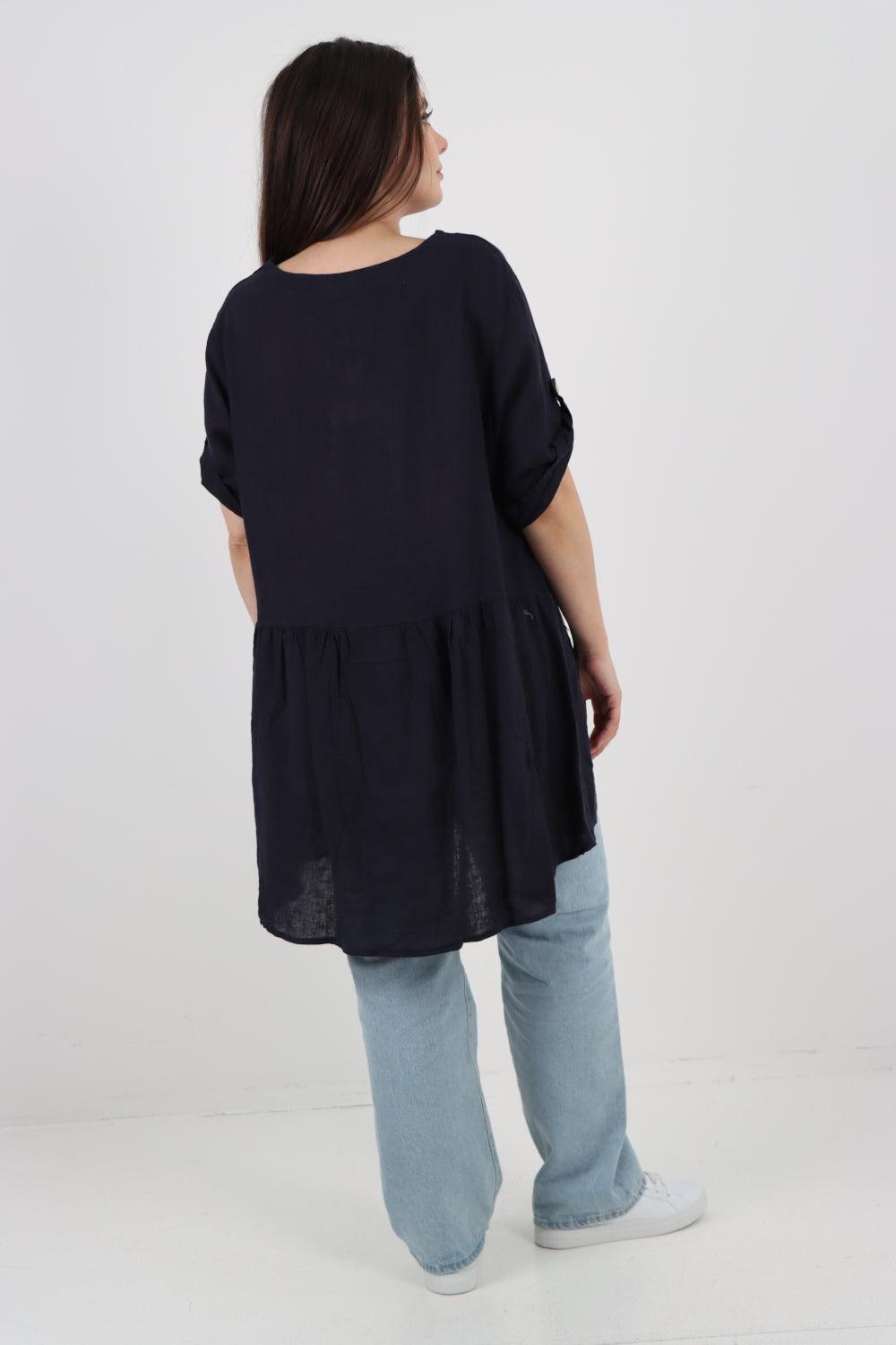 Front Pockets Dip Hem Linen Tunic Top - Lashra Fashion