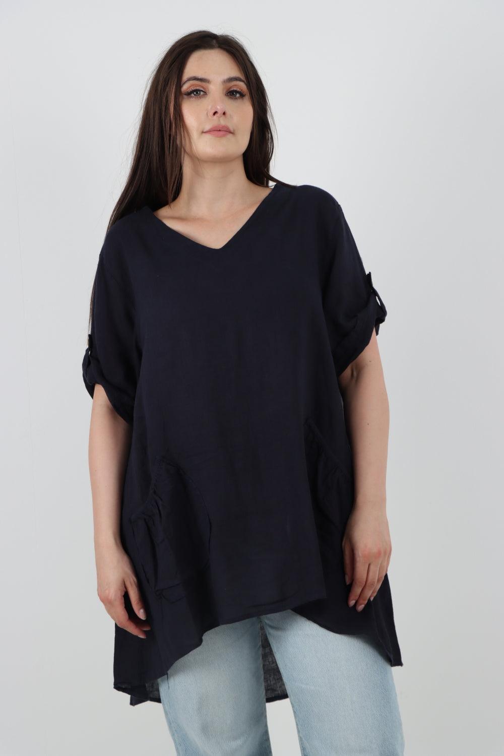 Front Pockets Dip Hem Linen Tunic Top - Lashra Fashion