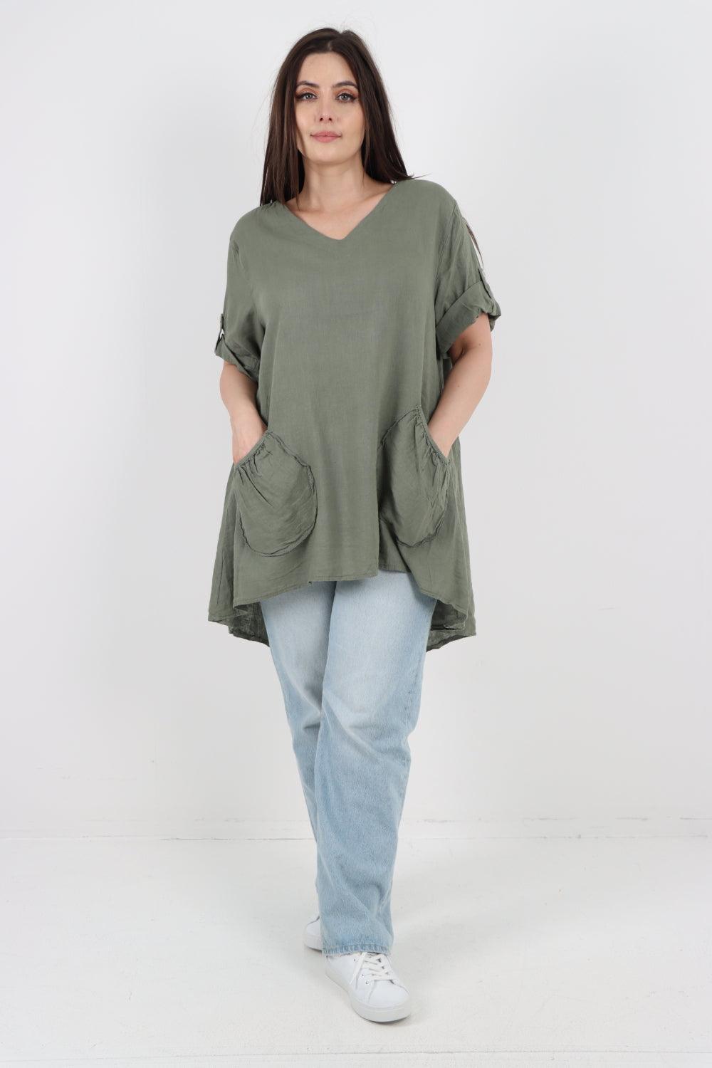 Front Pockets Dip Hem Linen Tunic Top - Lashra Fashion