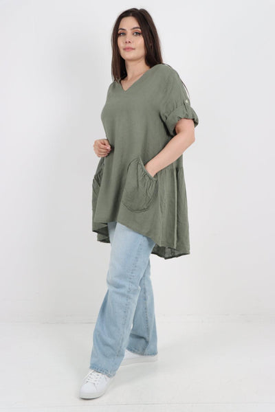 Front Pockets Dip Hem Linen Tunic Top - Lashra Fashion