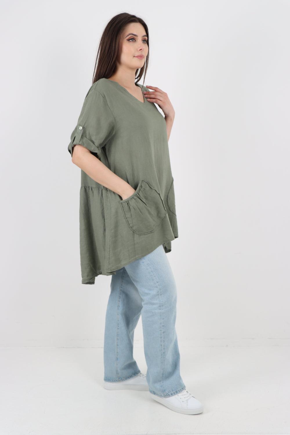 Front Pockets Dip Hem Linen Tunic Top - Lashra Fashion