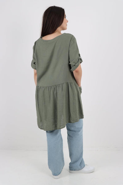 Front Pockets Dip Hem Linen Tunic Top - Lashra Fashion