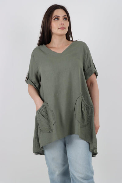 Front Pockets Dip Hem Linen Tunic Top - Lashra Fashion