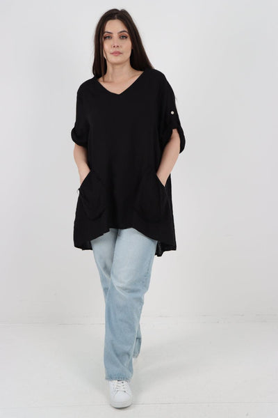 Front Pockets Dip Hem Linen Tunic Top - Lashra Fashion