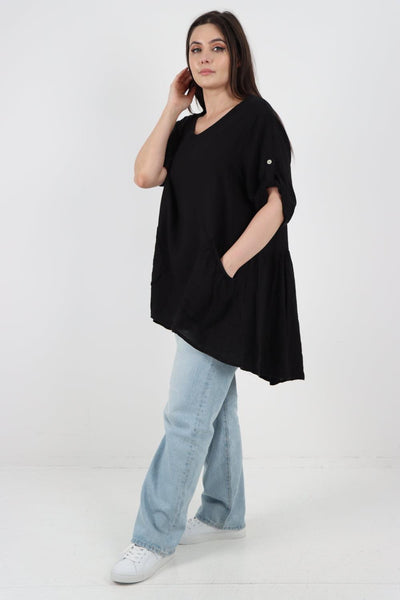 Front Pockets Dip Hem Linen Tunic Top - Lashra Fashion