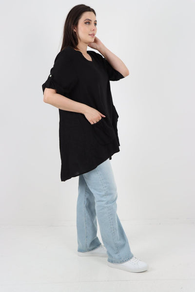 Front Pockets Dip Hem Linen Tunic Top - Lashra Fashion