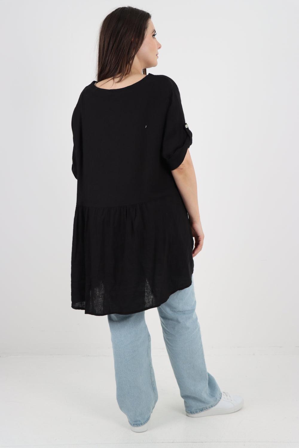 Front Pockets Dip Hem Linen Tunic Top - Lashra Fashion