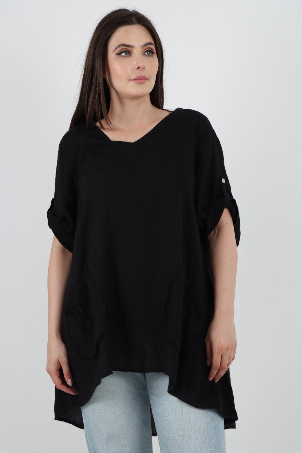 Front Pockets Dip Hem Linen Tunic Top - Lashra Fashion