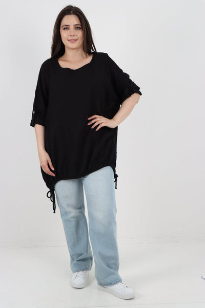 Gathered Hem Round Neck Linen Top - Lashra Fashion