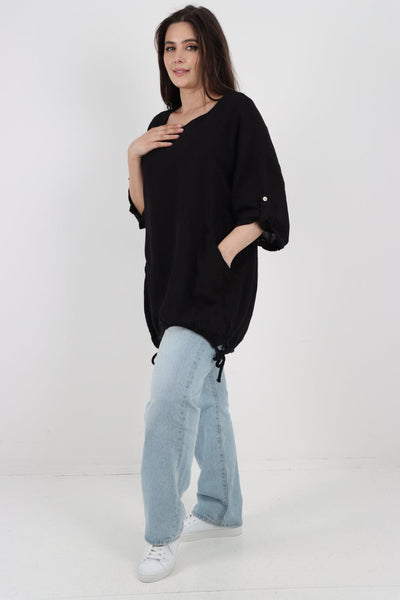 Gathered Hem Round Neck Linen Top - Lashra Fashion