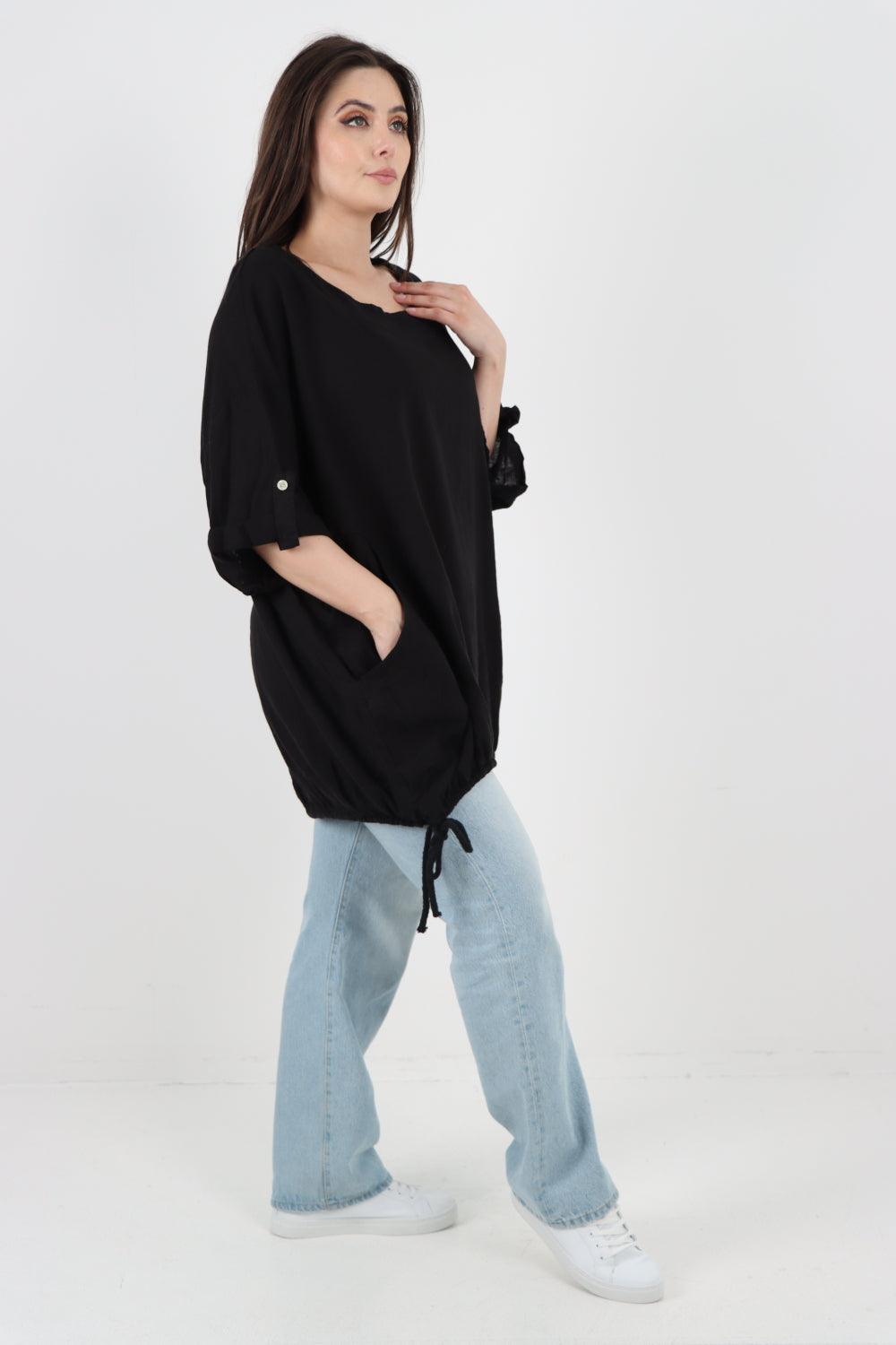 Gathered Hem Round Neck Linen Top - Lashra Fashion