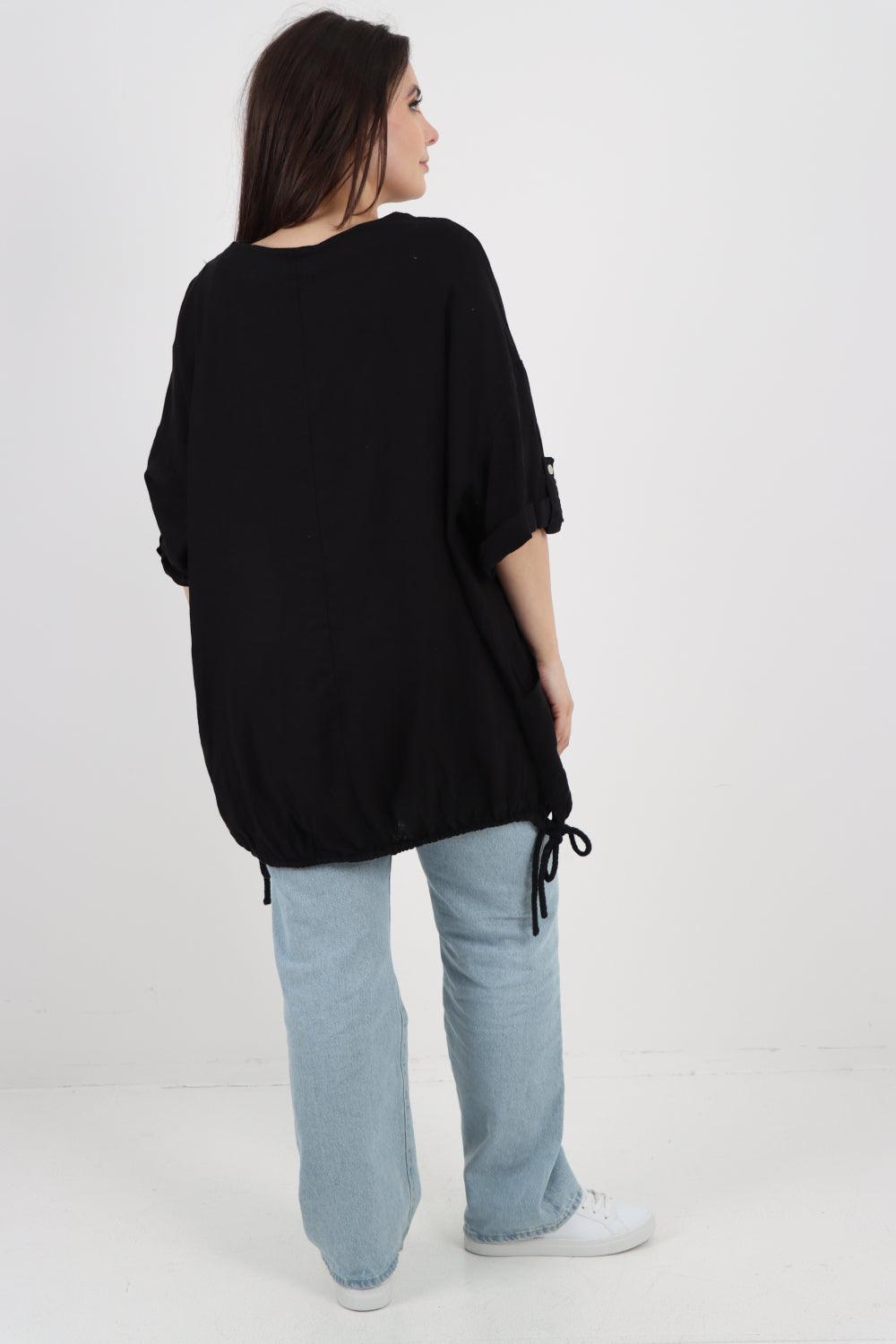 Gathered Hem Round Neck Linen Top - Lashra Fashion