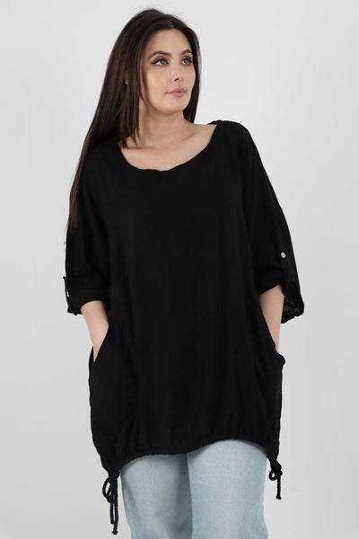 Gathered Hem Round Neck Linen Top - Lashra Fashion