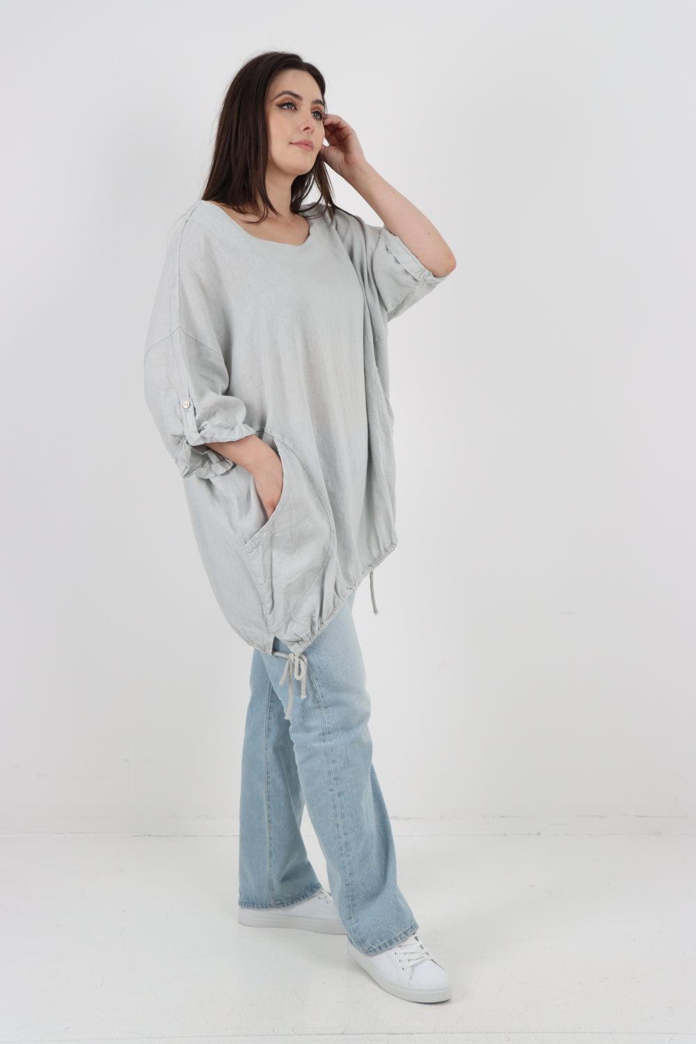 Gathered Hem Round Neck Linen Top - Lashra Fashion