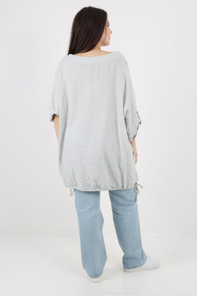 Gathered Hem Round Neck Linen Top - Lashra Fashion