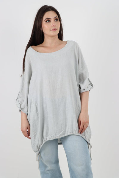 Gathered Hem Round Neck Linen Top - Lashra Fashion