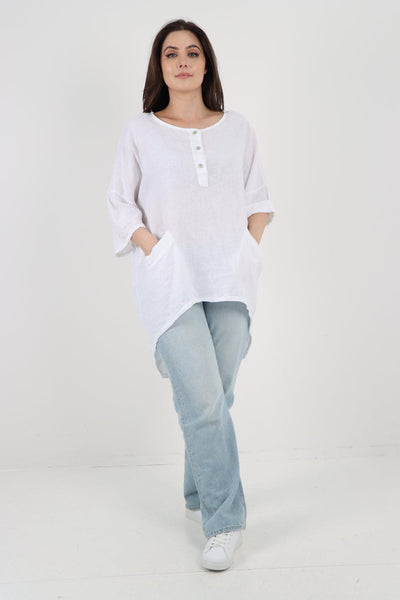 Front Button Down Dip Hem Linen Top - Lashra Fashion