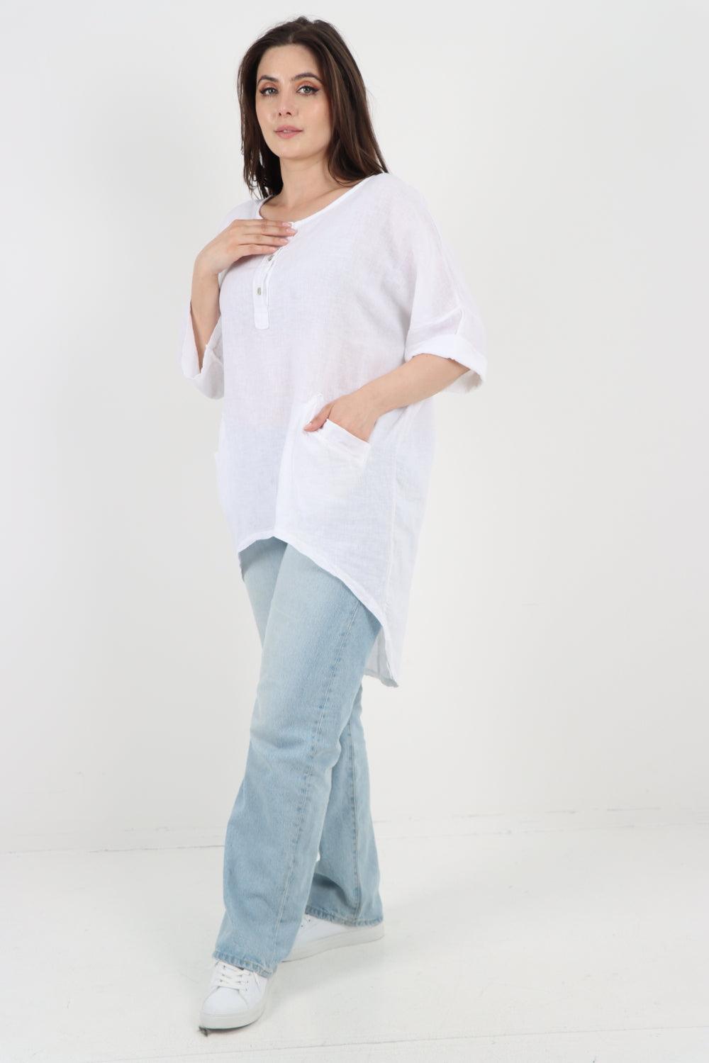 Front Button Down Dip Hem Linen Top - Lashra Fashion