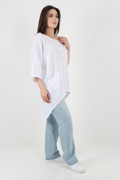 Front Button Down Dip Hem Linen Top - Lashra Fashion