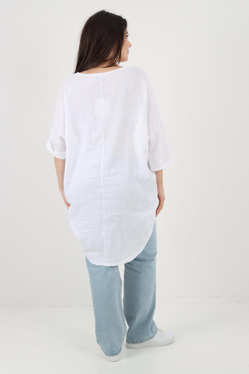 Front Button Down Dip Hem Linen Top - Lashra Fashion