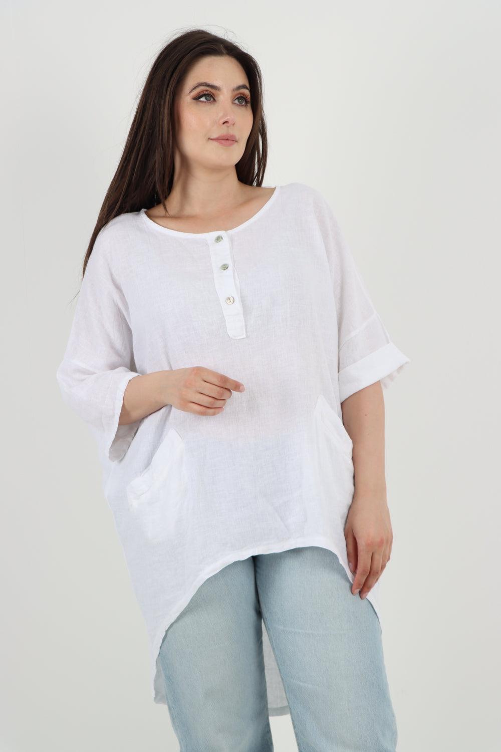 Front Button Down Dip Hem Linen Top - Lashra Fashion