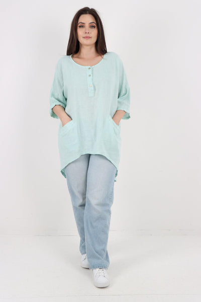 Front Button Down Dip Hem Linen Top - Lashra Fashion