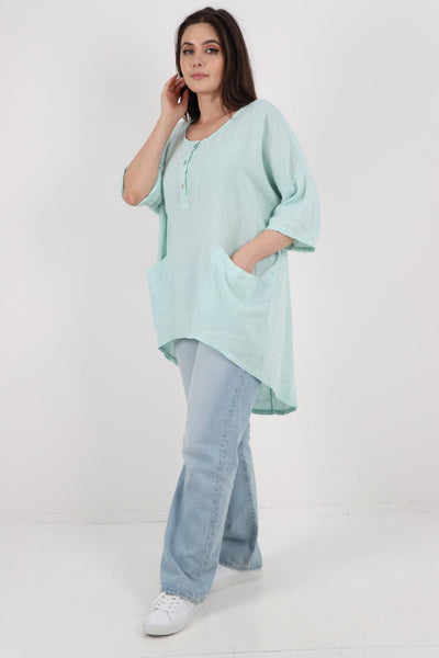 Front Button Down Dip Hem Linen Top - Lashra Fashion