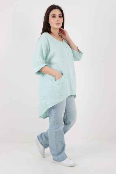 Front Button Down Dip Hem Linen Top - Lashra Fashion