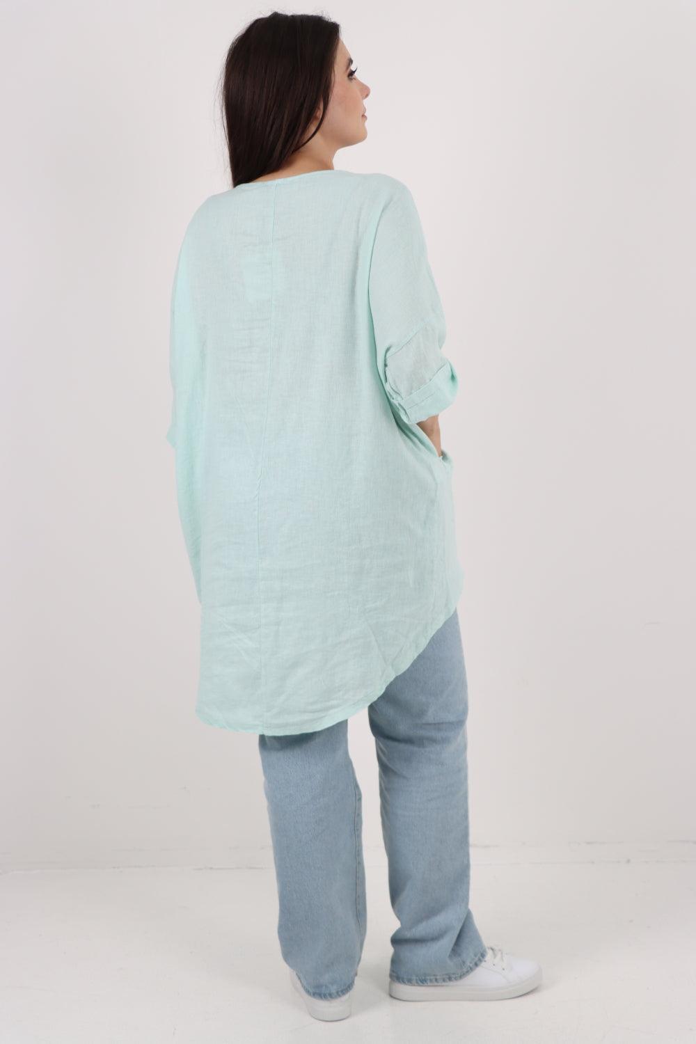 Front Button Down Dip Hem Linen Top - Lashra Fashion