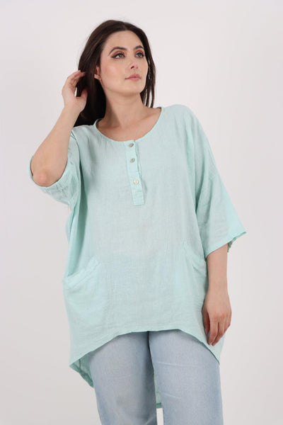 Front Button Down Dip Hem Linen Top - Lashra Fashion