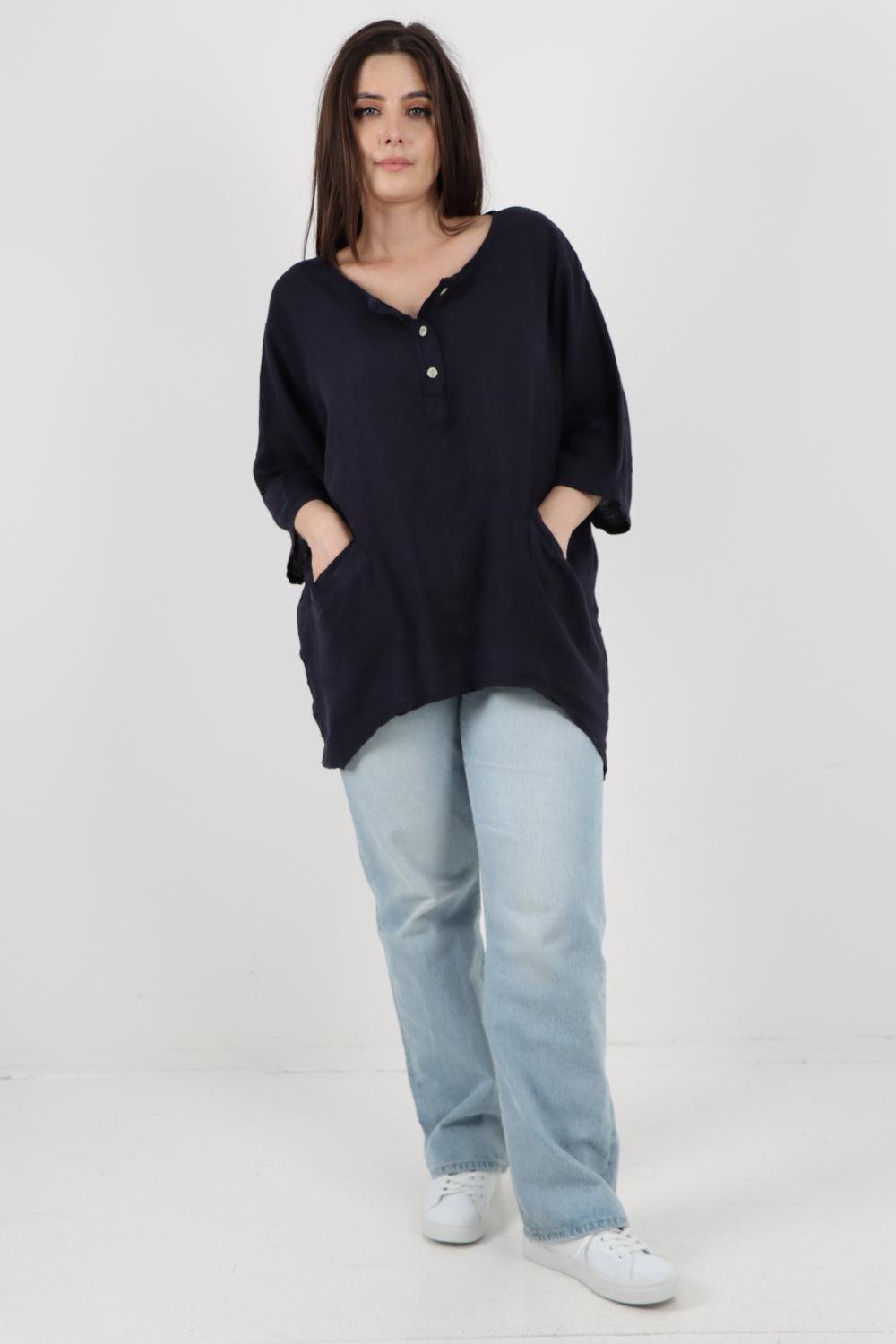 Front Button Down Dip Hem Linen Top - Lashra Fashion