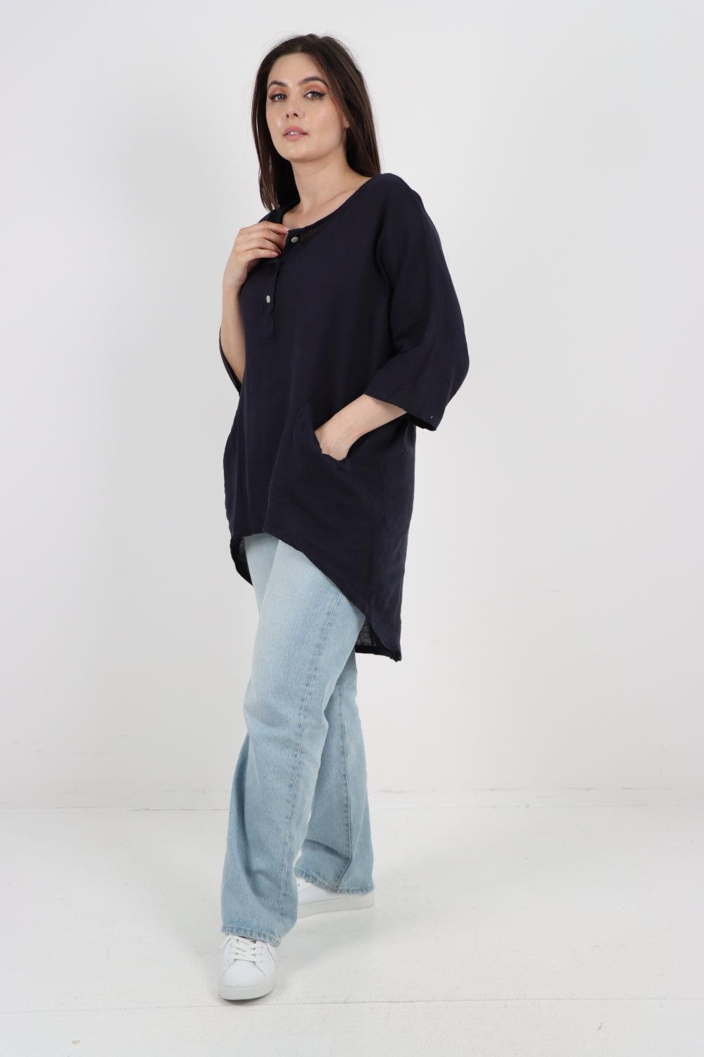 Front Button Down Dip Hem Linen Top - Lashra Fashion