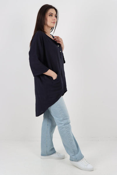 Front Button Down Dip Hem Linen Top - Lashra Fashion