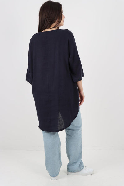 Front Button Down Dip Hem Linen Top - Lashra Fashion