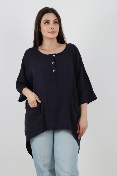 Front Button Down Dip Hem Linen Top - Lashra Fashion