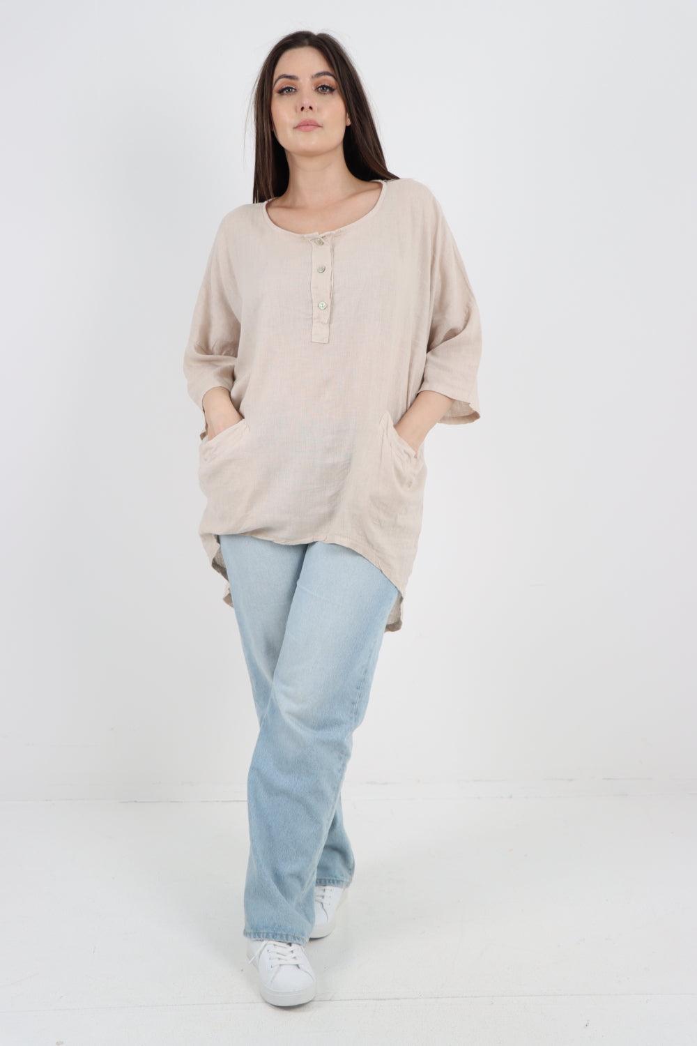 Front Button Down Dip Hem Linen Top - Lashra Fashion