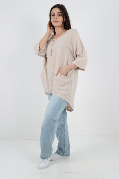 Front Button Down Dip Hem Linen Top - Lashra Fashion