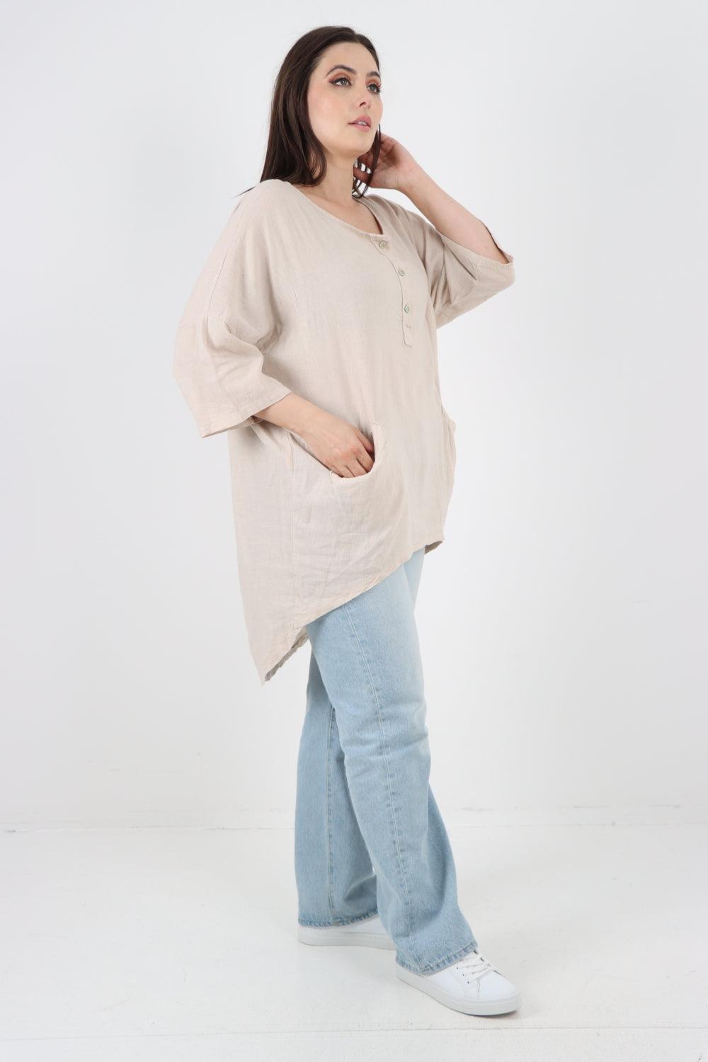 Front Button Down Dip Hem Linen Top - Lashra Fashion