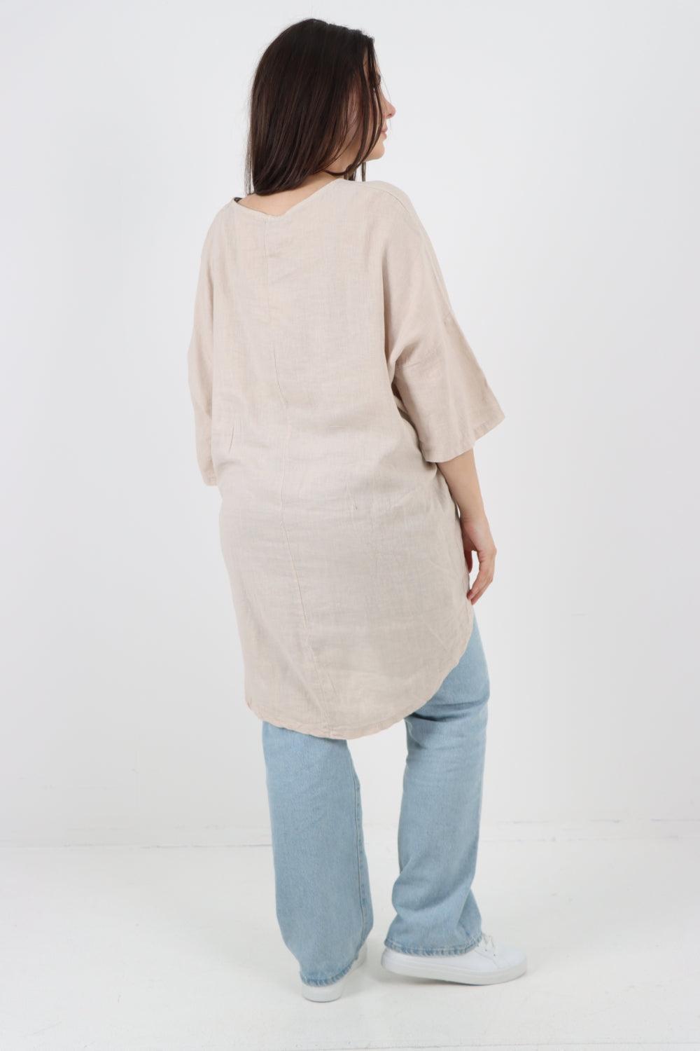 Front Button Down Dip Hem Linen Top - Lashra Fashion