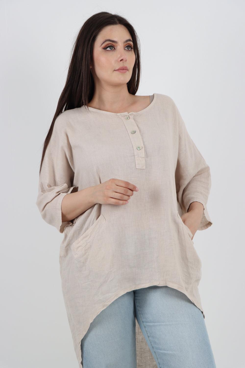 Front Button Down Dip Hem Linen Top - Lashra Fashion