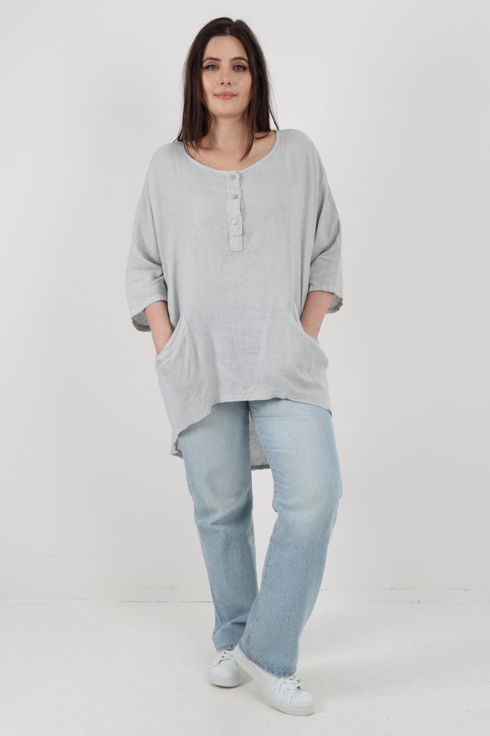 Front Button Down Dip Hem Linen Top - Lashra Fashion